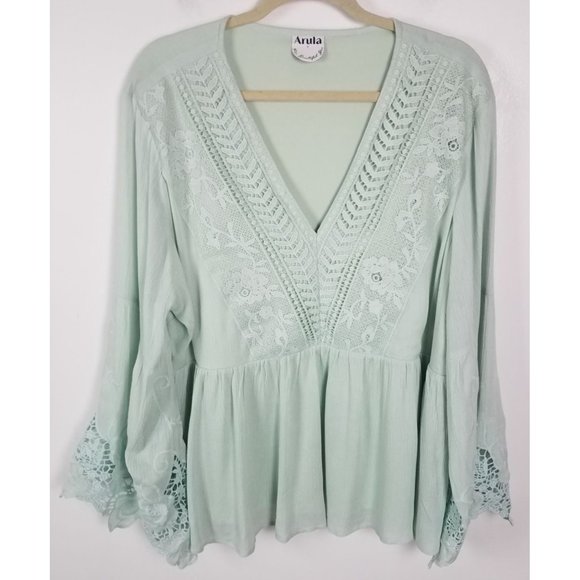 ARULA Tops - Arula Women's Sz. B(2X) Sage Mint V Neckline Floral Crochet Belle Sleeve Top NW